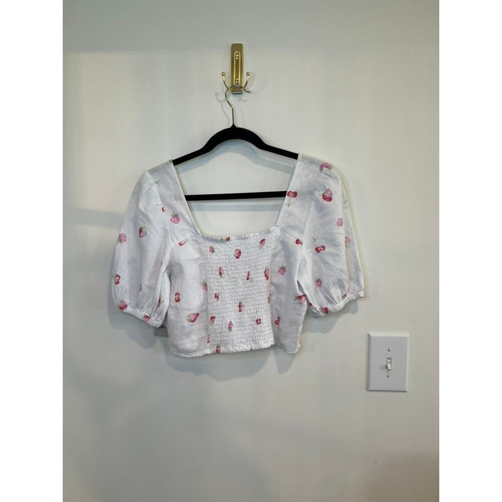 BP Strawberry Print Linen Blend Puff Sleeve Crop Top NWT Size Medium - Picture 2 of 6